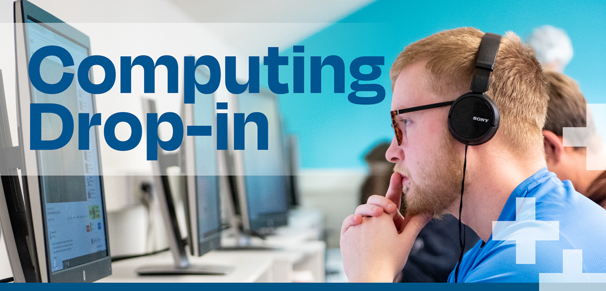 A side view image of a male student sitting at a computer desk, he is wearing dark rimmed glasses and has light, short cropped hair. The words 