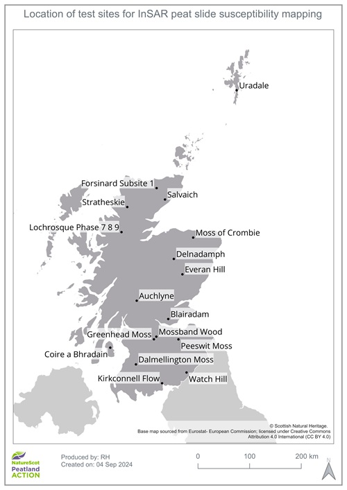 Map showing the 20 sites in Scotland assessed for peat landslide susceptibility.