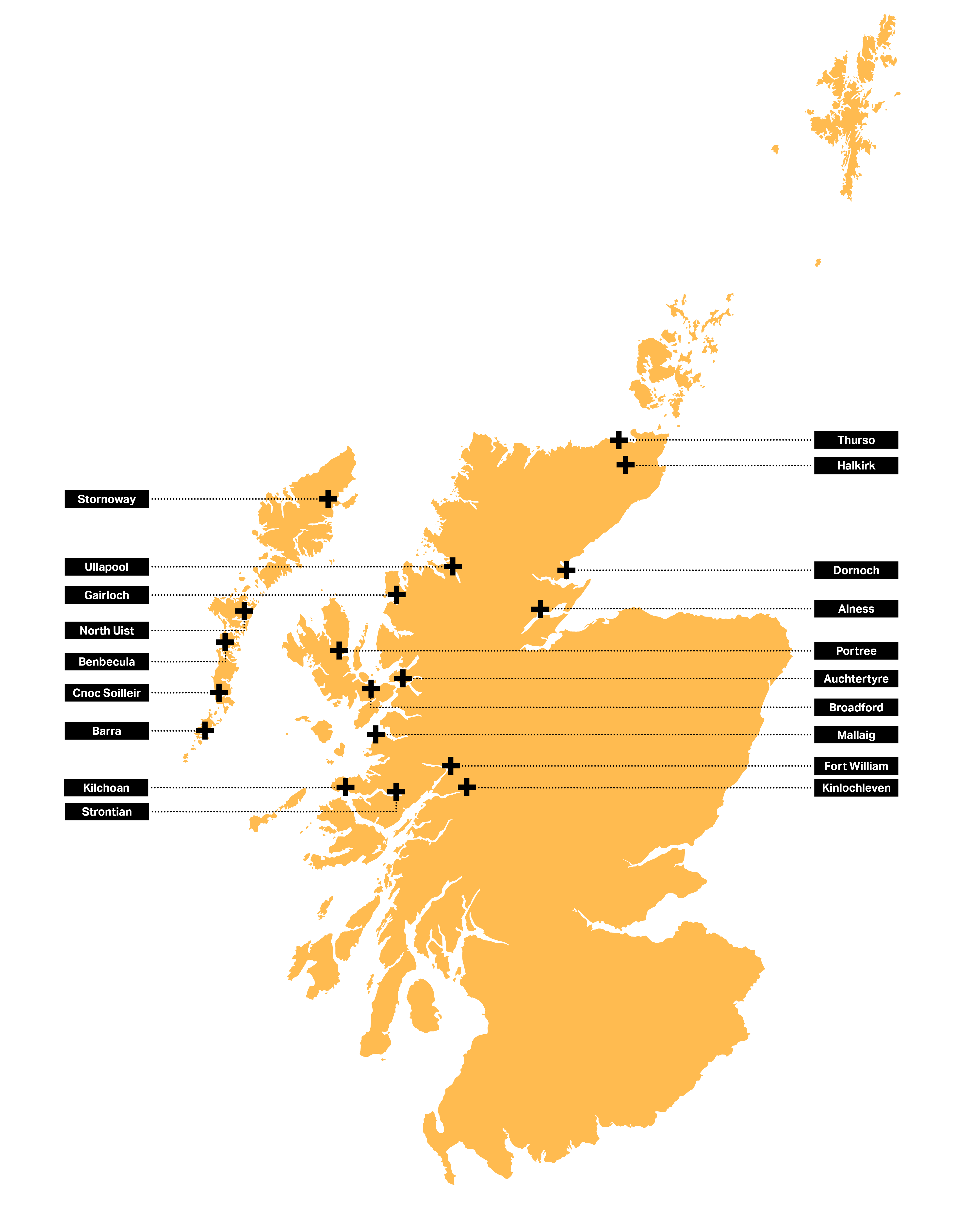 Map depicting UHI North, West and Hebrides 19 campuses and centres