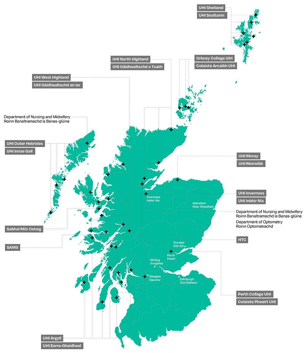 Map of Scotland showing UHI locations