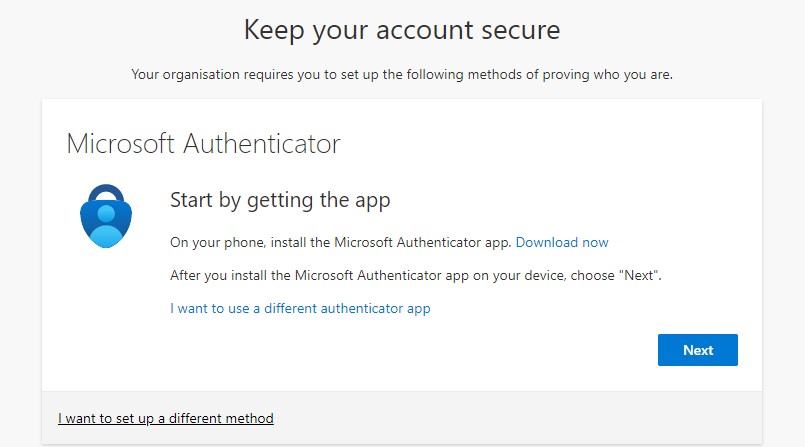 Second pop up in outlook for setting up the Multi factor Authentication method, prompting you to download the Microsoft Authentication app