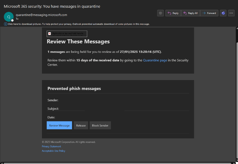 An example of what a quarantined email from Microsoft looks like.
