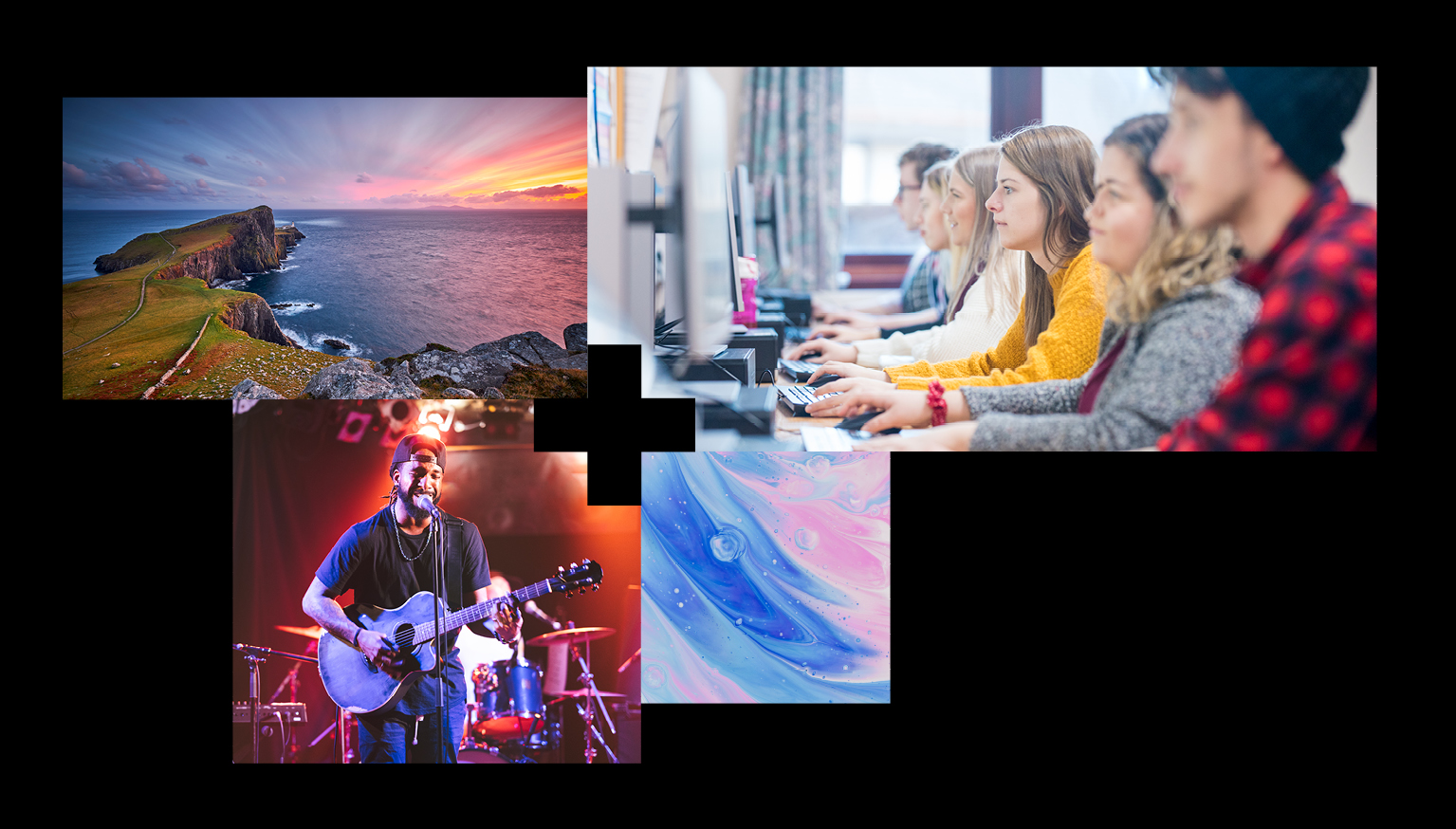 Four pictures connected with the visual identity plus sign. Edge of island with sunset view, group of people looking at computer screens, man singing with guitar, pink and blue swirl bubbles