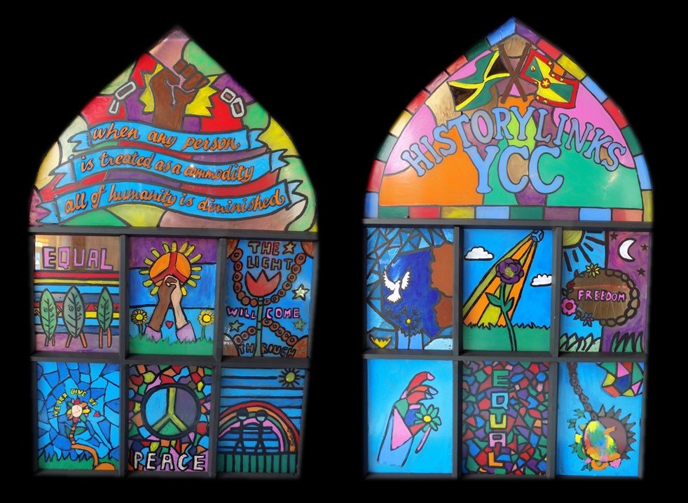 Two artworks in stained glass style, celebrating equality, peace and freedom. Colourful windows are set against a black background