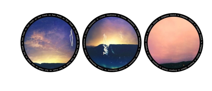 A collection of three round images, all showing artistic representations of hilly landscape and sky