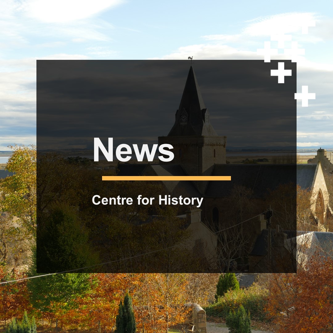 Autumn landscape with a cathedral and cloudy sky, with a black text box reading News - Centre for History