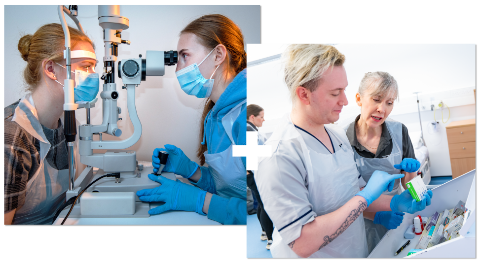 Optometrist examining a persons eye using a slit lamp | Nursing students discussing and looking at a drug dispensary