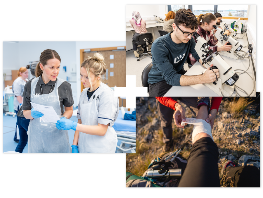 Two nurses looking at a sheet of paper | Optometrists using optometry equipment | A person bandaging another persons leg