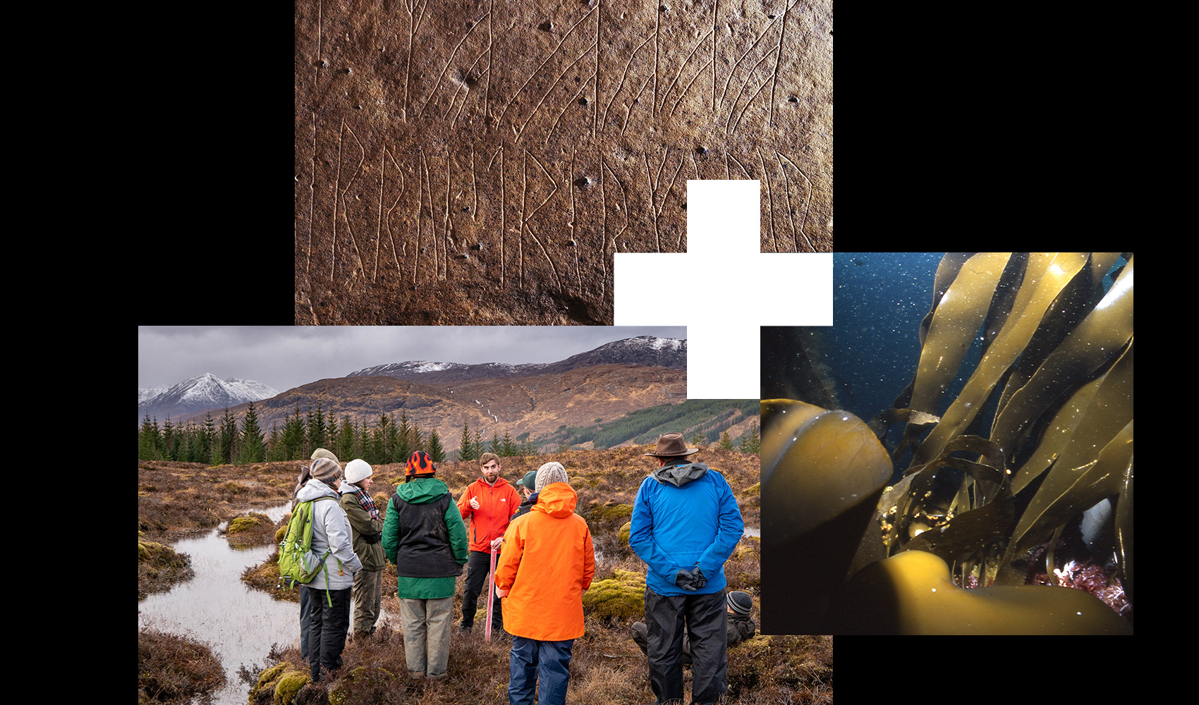 Trio of subject images. Top: history, right: aquaculture, bottom: community land ownership