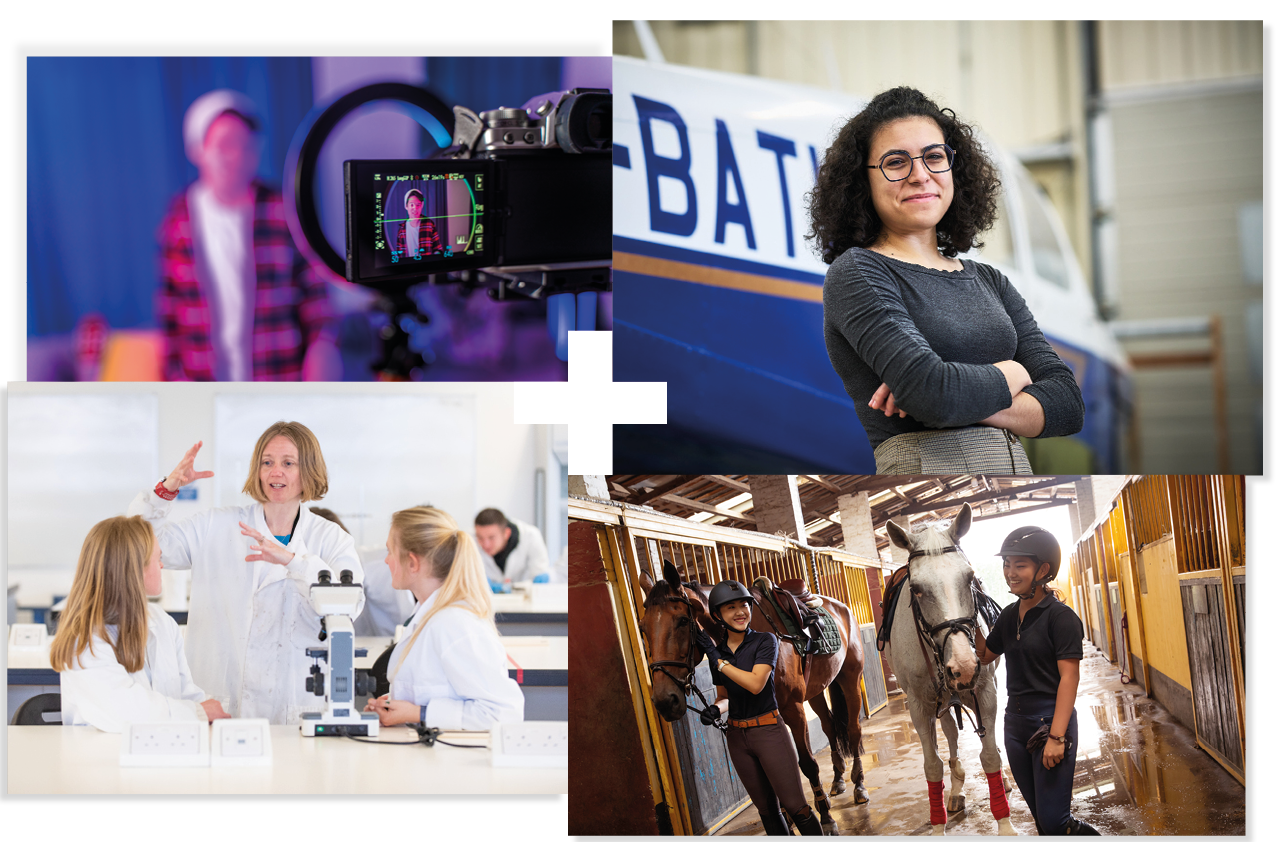 Collage of 4 | Close-up of a camera | Student standing in front of a plane | Students in a laboratory | Students in a horse stables