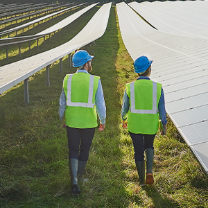 Two people walking between rows of solar panels