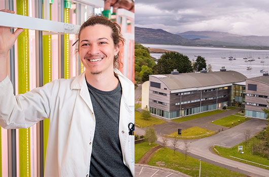 Left: Alberto in the lab. Top right: the Scottish Association for Marine Science. Bottom right: Holding sealife from the nearby loch.