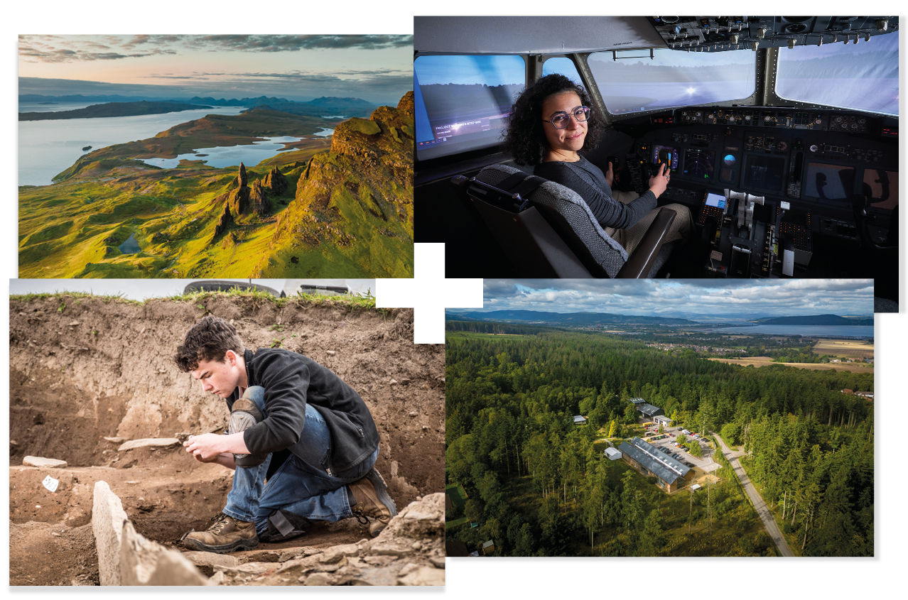 College of 4 | Scottish School of Forestry aerial image | Student in a plane | Student at an archaeological dig | Old Man of Storr, Isle of Skye