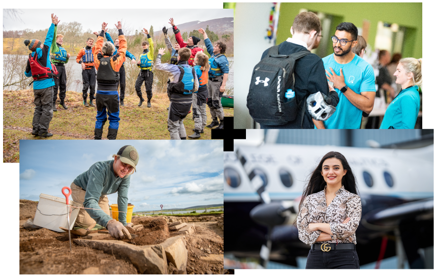 Kayakers in wet gear | Two people talking | Person looking at archaeological site | Person standing in front of an airplane