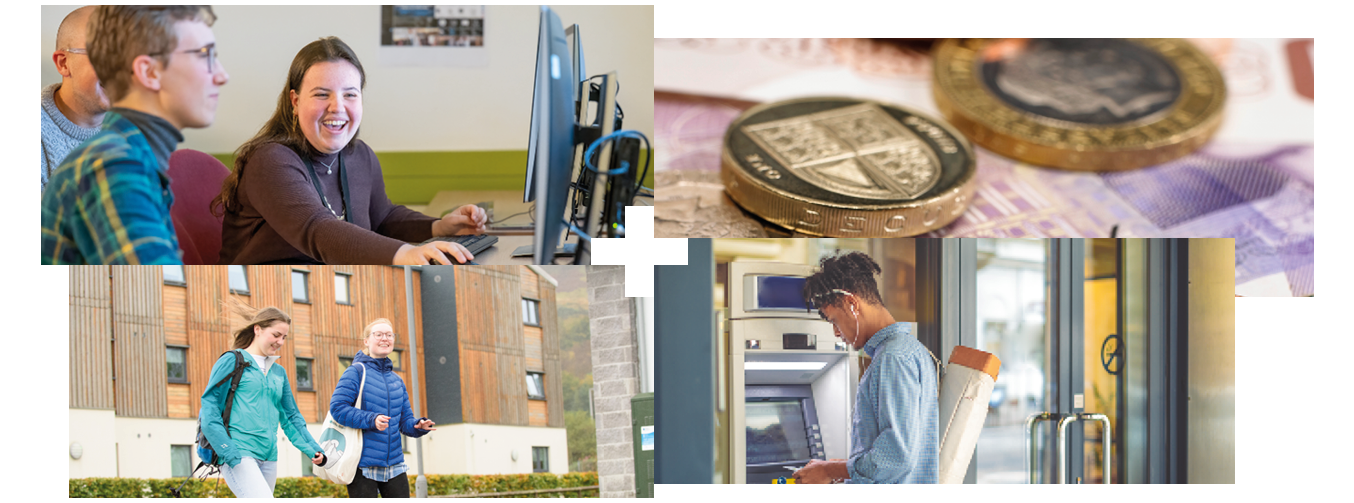 Collage of 4 | Students working in a library | Close-up of money | Students walking outside | Student at a cash point