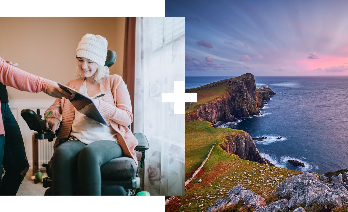 Collage of 2 | A student on a tablet device | Neist Point Lighthouse, Isle of Skye