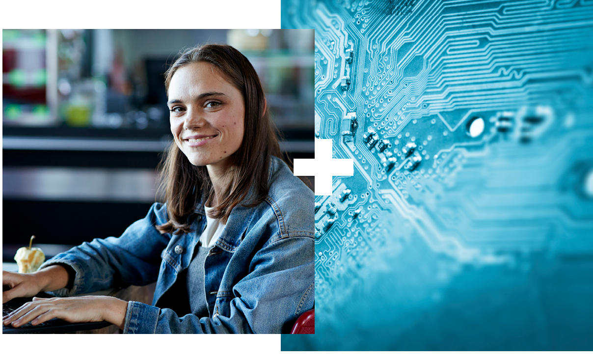 Collage of 2 | Woman smiling | Close-up of a computer circuit board