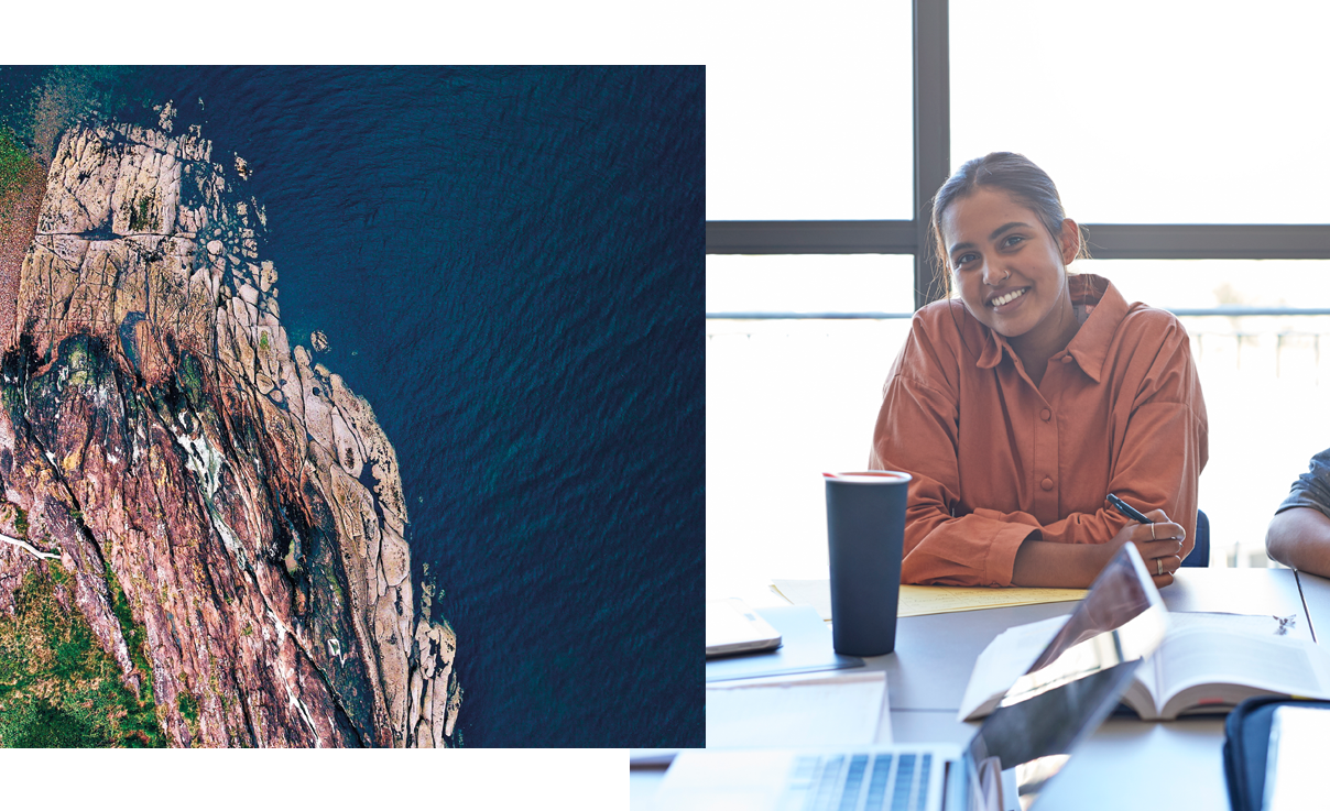 Collage of 2 | Coastline | Student sitting in class