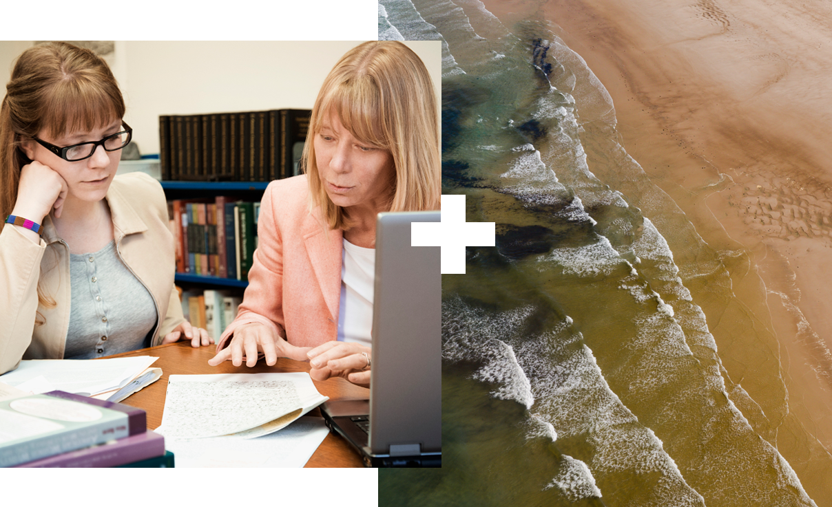 Collage of 2 | Two people working at a desk | Lossiemouth beach in Moray