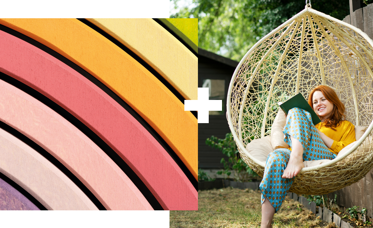 Collage of 2 | Close-up of a wooden rainbow | Woman in a chair on a tablet device