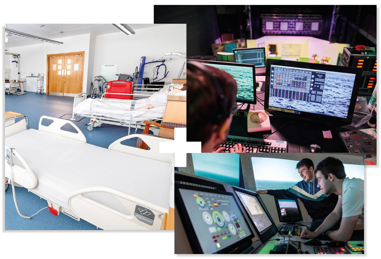 Collage of 3 | Nursing simulation ward | Computer in front of a theatre | Maritime simulator