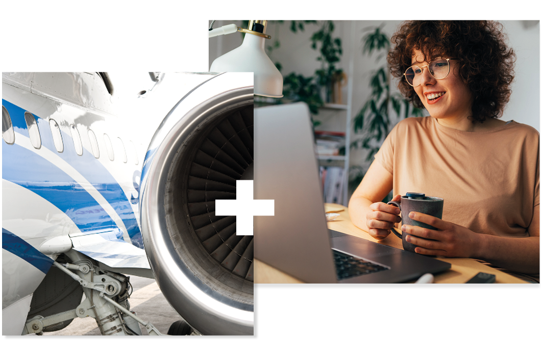 Collage of 2 | Close-up of a plane | Woman smiling at a laptop